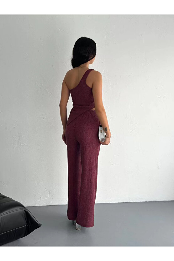 Asimetrik Crop Pantalon ikili Takım - Gül Kurusu