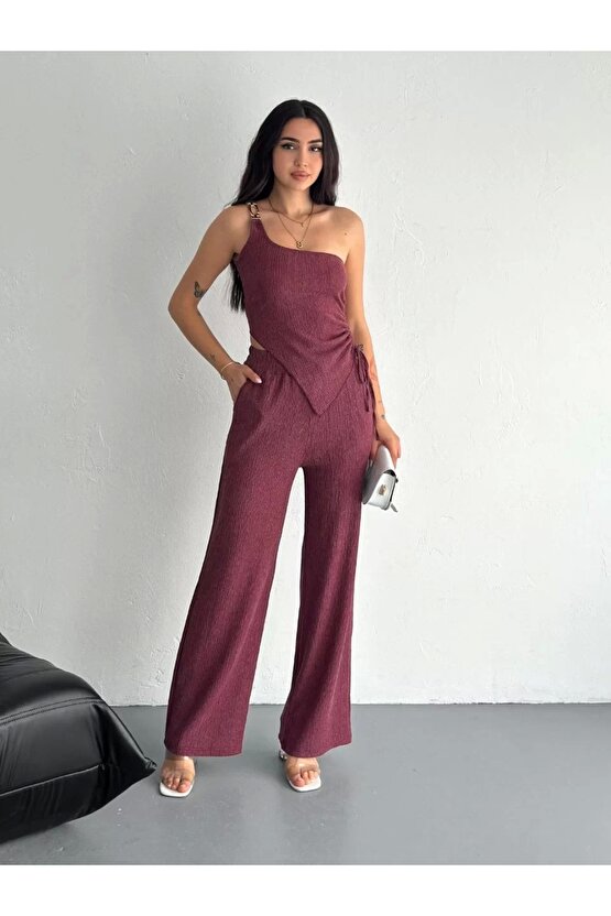 Asimetrik Crop Pantalon ikili Takım - Gül Kurusu