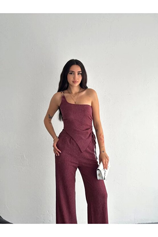 Asimetrik Crop Pantalon ikili Takım - Gül Kurusu