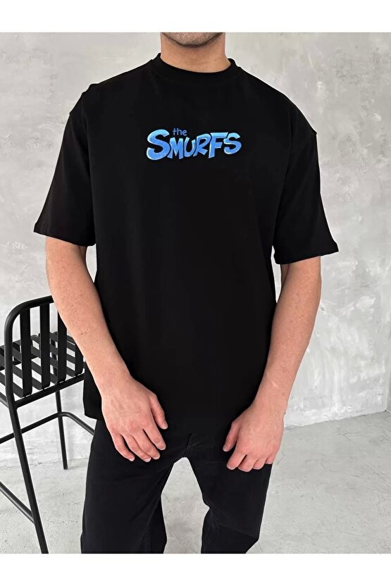 Ön ve Arka Baskılı Oversize Bisiklet Yaka T-shirt- Siyah