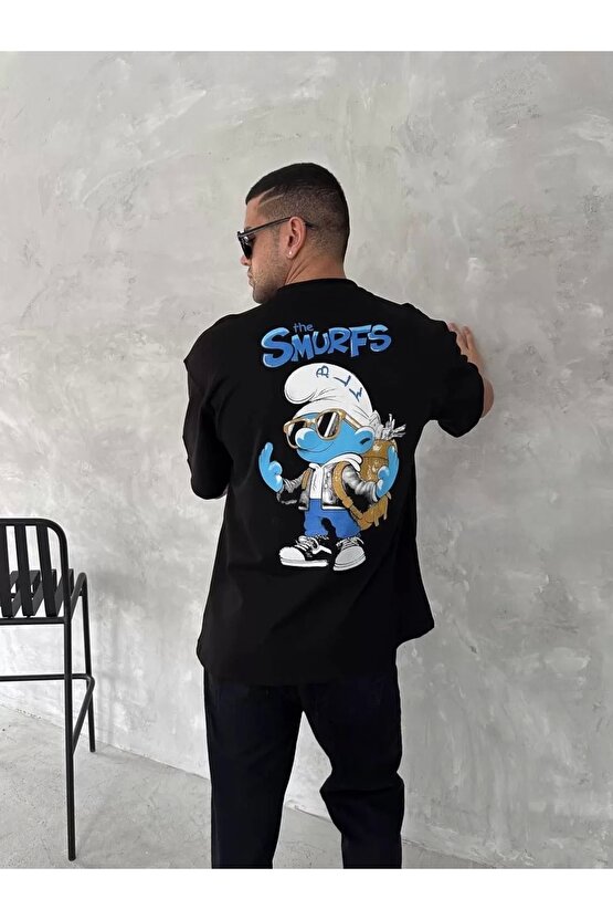 Ön ve Arka Baskılı Oversize Bisiklet Yaka T-shirt- Siyah