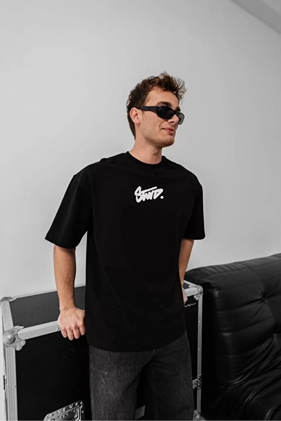 Erkek Baskılı Oversize T-shirt - Siyah
