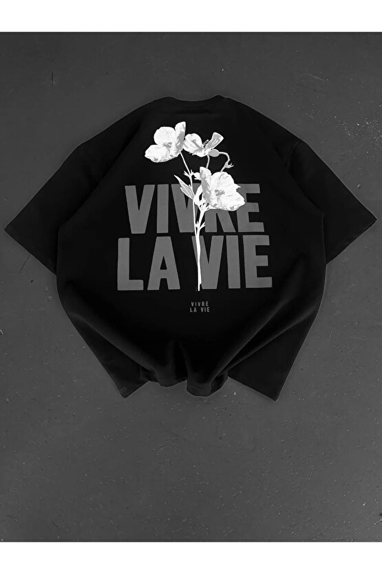 Baskılı Oversize Bisiklet Yaka T-shirt - Siyah