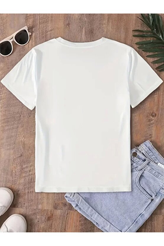 Fiyonk Ön Arka Baskılı Oversize Bisiklet Yaka T-shirt Yazlık - Beyaz