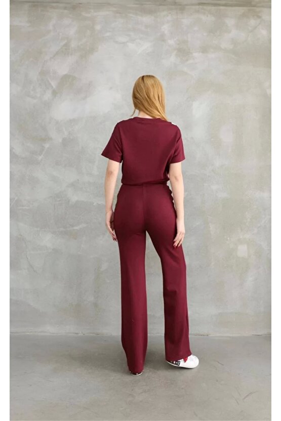 Osy Modal Yumuşak dokulu Kumaş Bisiklet Yaka Parçalı detaylı Kısa Kollu Takım - Bordo