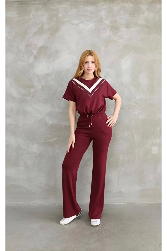 Osy Modal Yumuşak dokulu Kumaş Bisiklet Yaka Parçalı detaylı Kısa Kollu Takım - Bordo