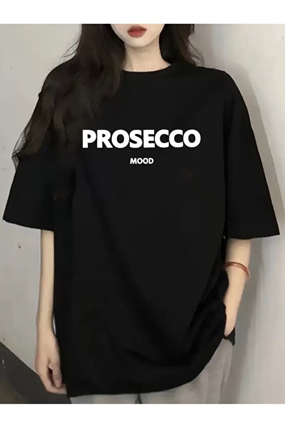 201 Penye Compack Baskılı Oversize Kısa Kol Bisiklet Yaka T-shirt - Siyah