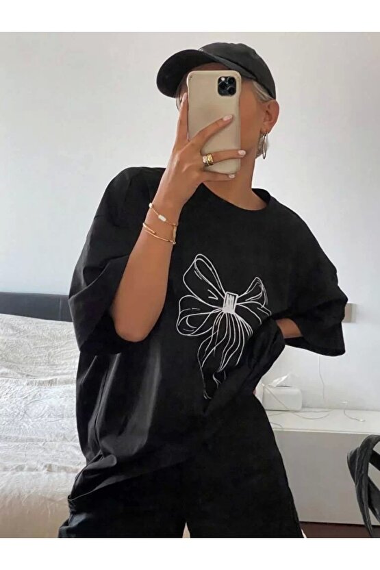 Kadın Baskılı Oversize T-shirt - Siyah