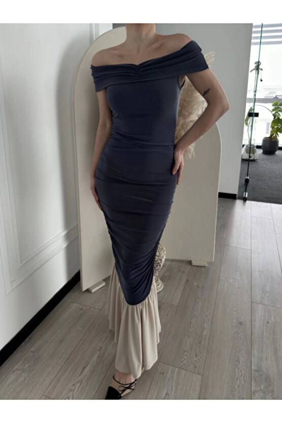Striptiz Omuzlu Uzun Elbise- Füme