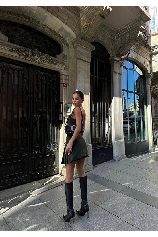 İki Parçalı Pileli Askılı Kadın Mini Elbise - Haki