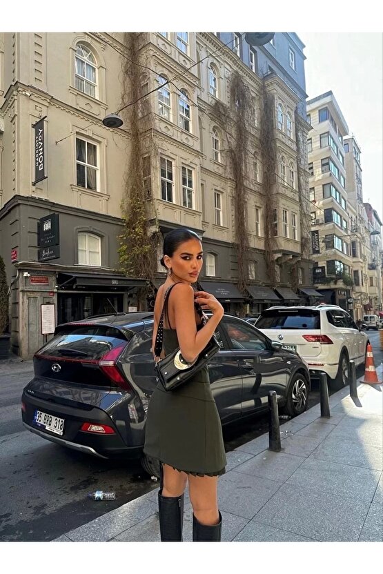 İki Parçalı Pileli Askılı Kadın Mini Elbise - Haki