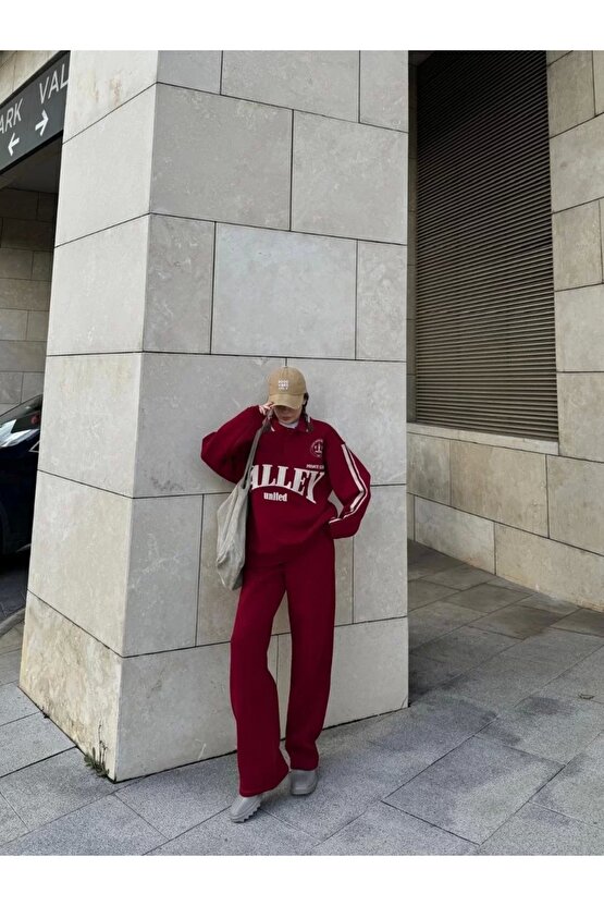 Üç İplik Yakalı Sweat Baggy Pantalonlu Takım - Bordo