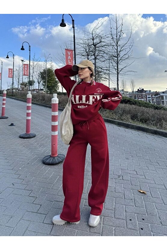 Üç İplik Yakalı Sweat Baggy Pantalonlu Takım - Bordo