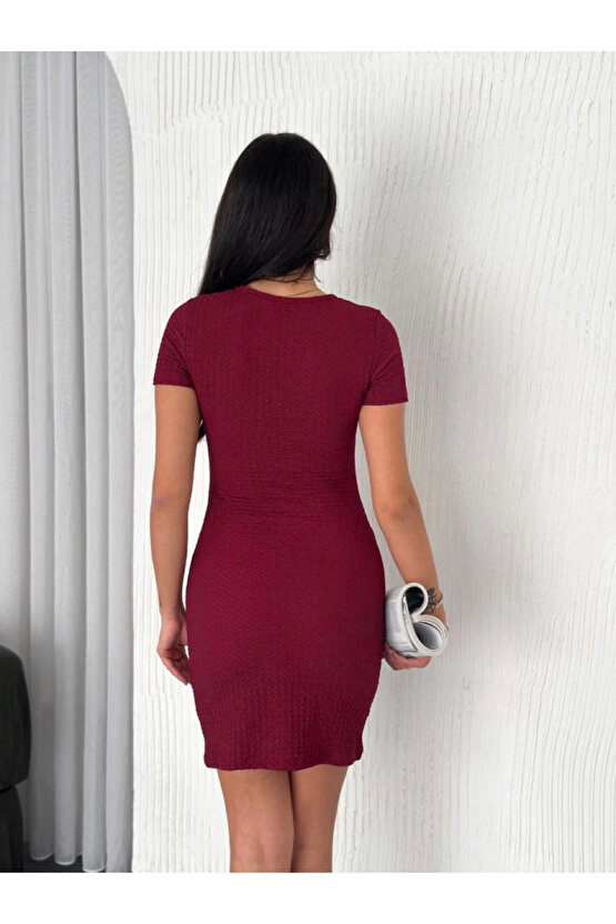 Bisiklet Yaka Kısa Kol Likralı Elbise - Bordo