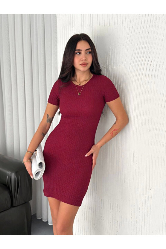 Bisiklet Yaka Kısa Kol Likralı Elbise - Bordo
