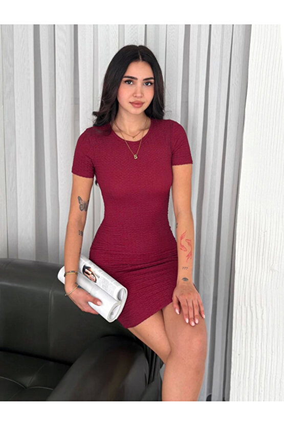 Bisiklet Yaka Kısa Kol Likralı Elbise - Bordo