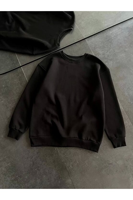 Kışlık Bisiklet Yaka Üç İplik Basic SweatShirt - Siyah