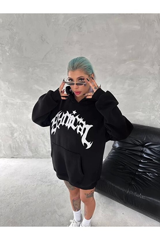 Unisex Üç İplik Kapüşonlu Baskılı SweatShirt - Siyah