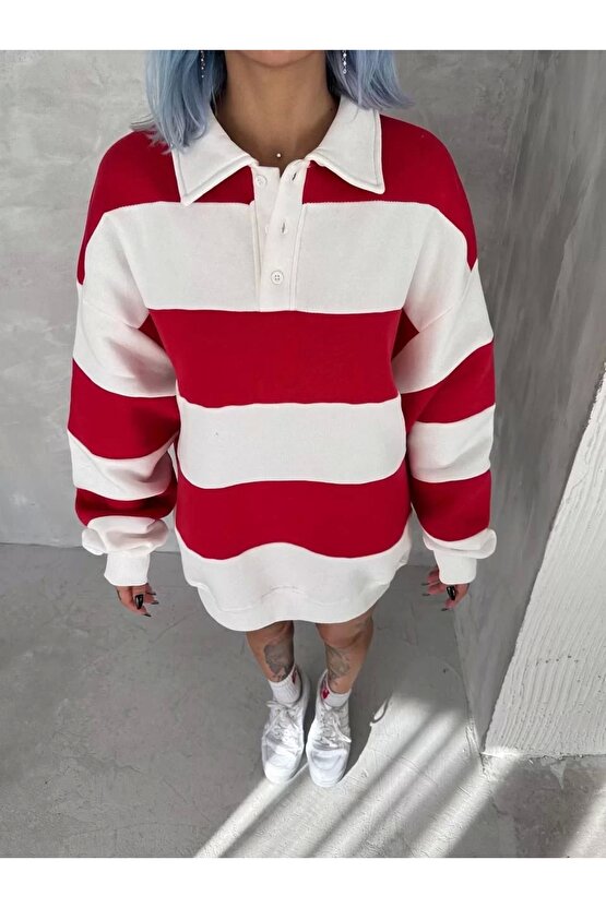 Unisex Üç İplik Parçalı Yakalı SweatShirt - Kırmızı