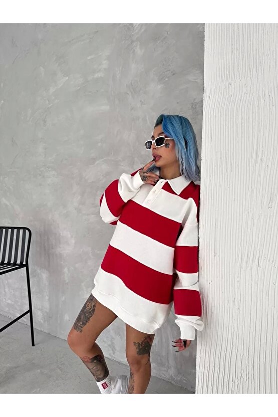 Unisex Üç İplik Parçalı Yakalı SweatShirt - Kırmızı