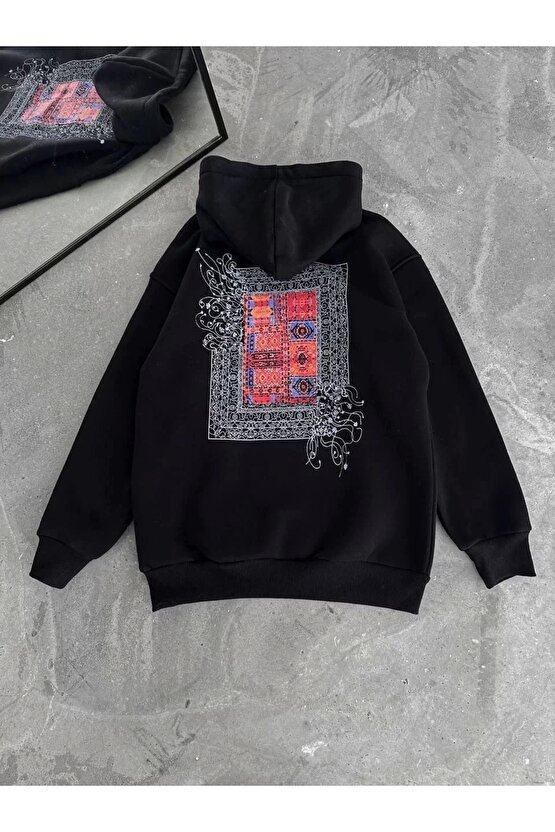 Uzun Kol Kapüşonlu Ön Ve Arka Baskılı SweatShirt - Siyah