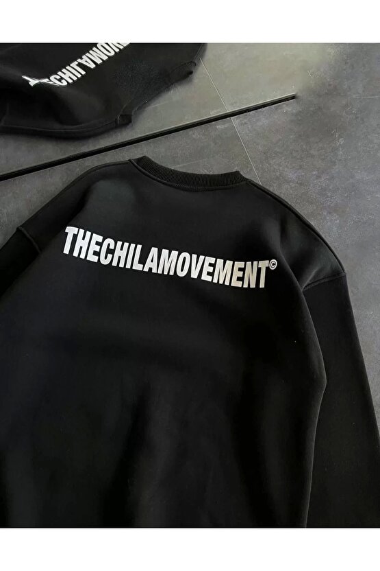 Kışlık Bisiklet Yaka Oversize Baskılı SweatShirt - Siyah