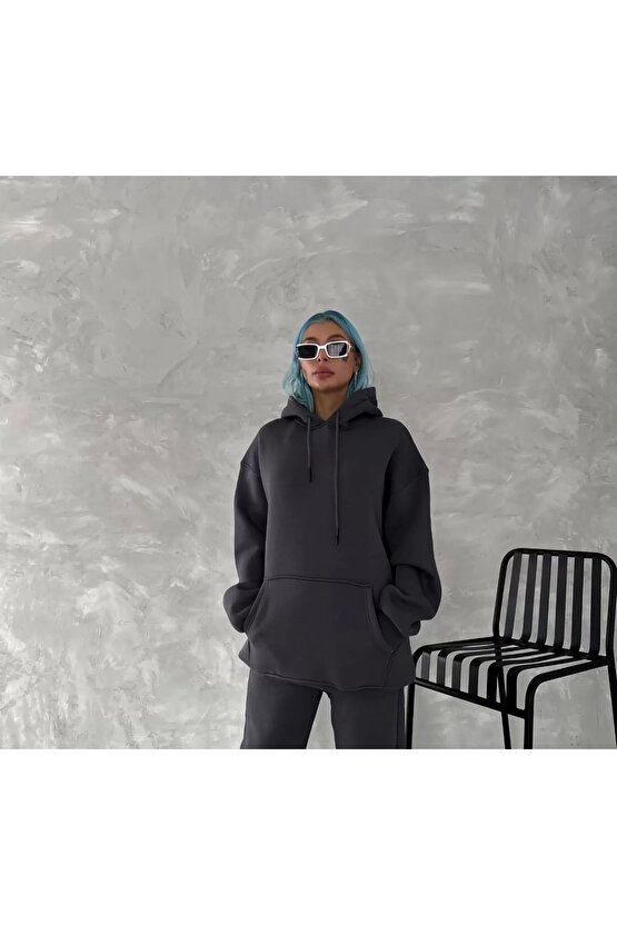 Kapüşonlu Üç İplik Penye Basic SweatShirt - Füme