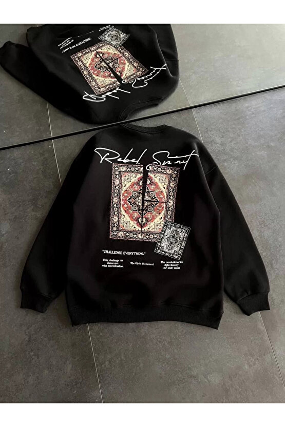 Kadın Bisiklet Yaka Baskılı SweatShirt - Siyah