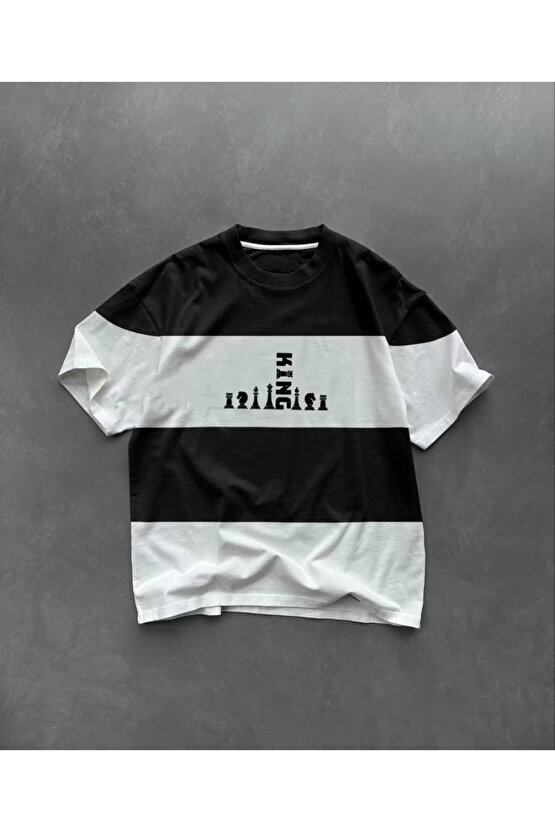 Unisex Bisiklet Yaka Baskılı Parçalı Oversize T-Shirt - Siyah