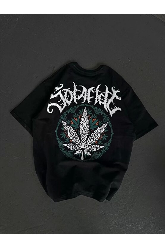 Unisex Bisiklet Yaka Baskılı Oversize T-Shirt - Siyah