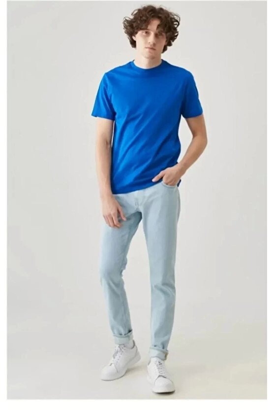 Unisex Düz Biskilet Yaka Oversize T-shirt - Mavi