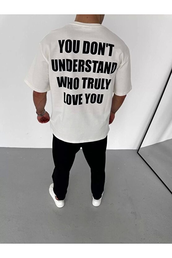 Unisex Bisiklet Yaka Baskılı Oversize T-Shirt - Beyaz