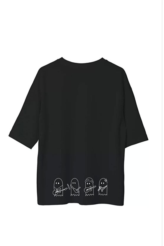 Unisex Bisiklet Yaka Baskılı Oversize T-Shirt - Siyah