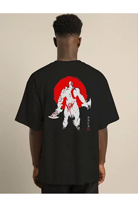 Unisex Bisiklet Yaka Baskılı Oversize T-Shirt - Siyah