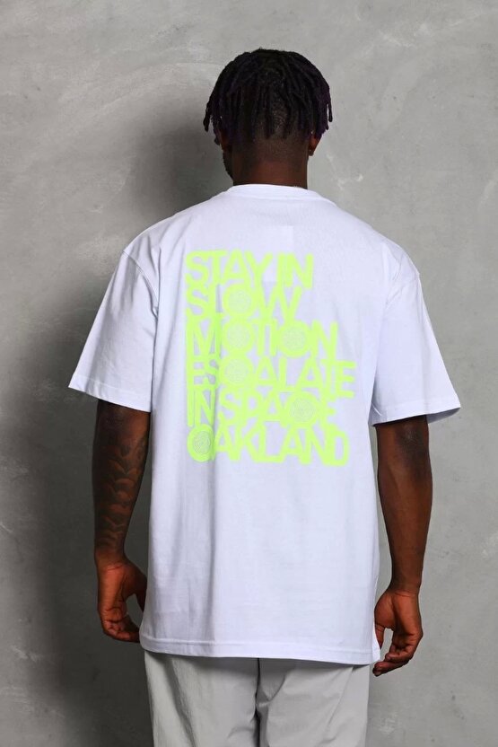 Unisex Oversize Baskılı Bisiklet Yaka T-Shirt - Beyaz