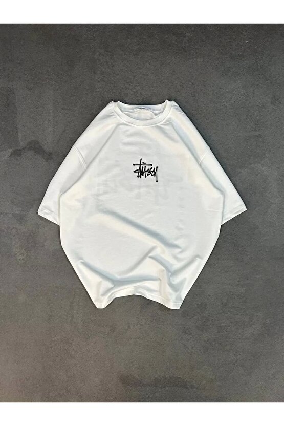 Unisex Bisiklet Yaka Baskılı Oversize T-Shirt - Beyaz