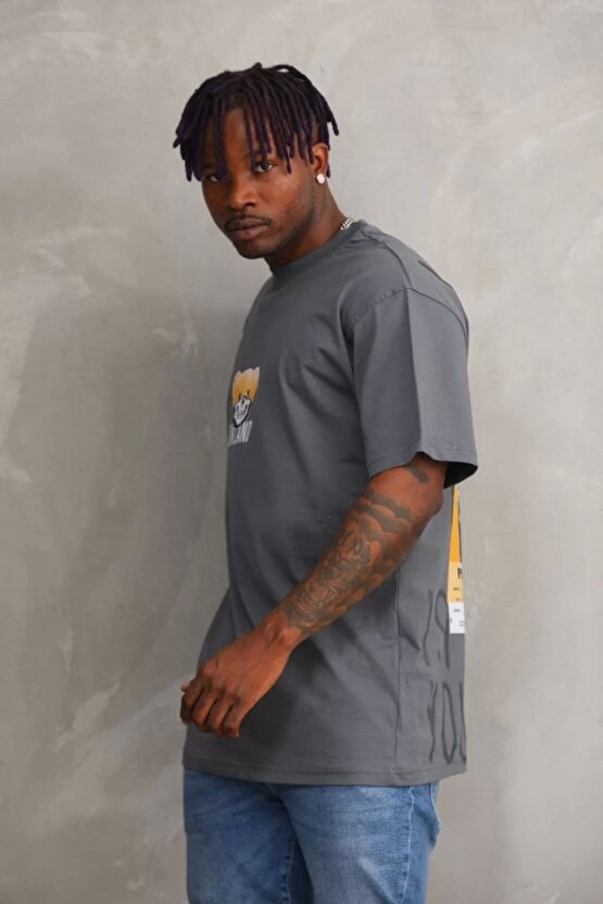 Unisex Baskılı Oversize T-Shirt - Füme