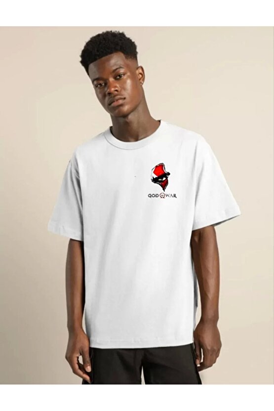 Unisex Bisiklet Yaka Baskılı Oversize T-Shirt - Beyaz