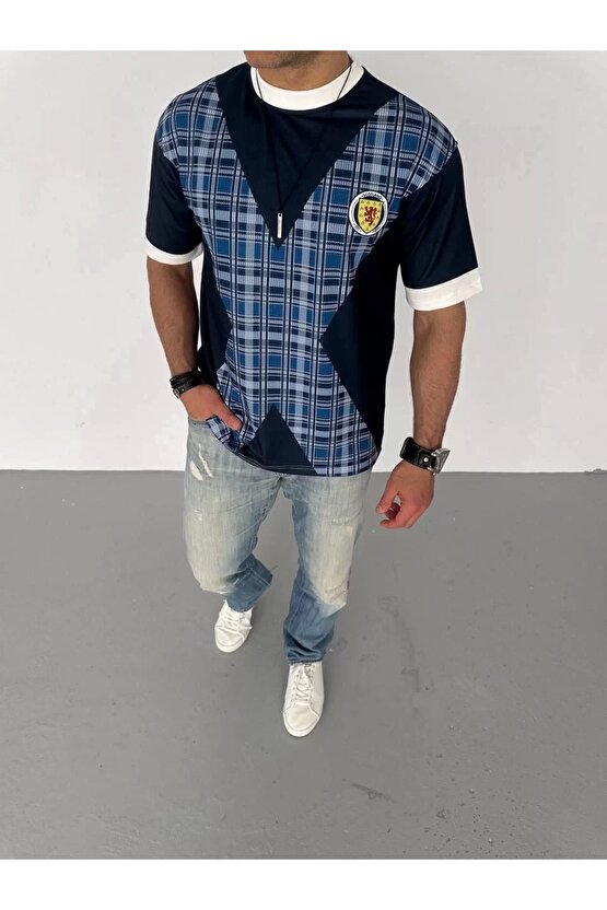 Unisex Bisiklet Yaka Baskılı Oversize T-Shirt - Siyah