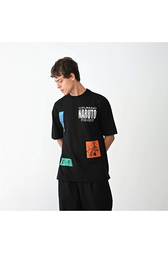 Unisex Bisiklet Yaka Baskılı Oversize T-Shirt - Siyah