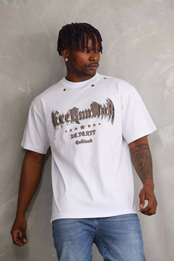 Unisex Kuşgözü Detaylı Baskılı Oversize T-Shirt - Beyaz
