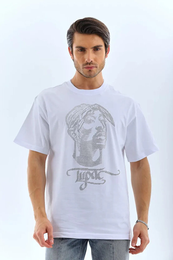 eyesof Unisex Oversize Taşlı Bisiklet Yaka T-Shirt - Beyaz