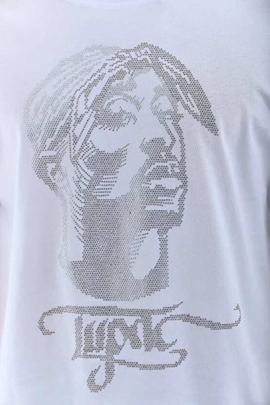 eyesof Unisex Oversize Taşlı Bisiklet Yaka T-Shirt - Beyaz