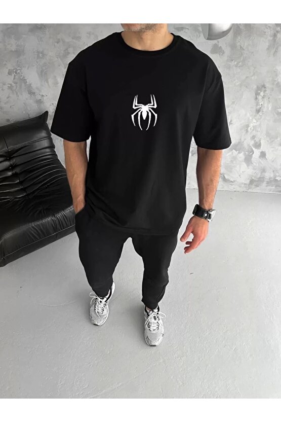 Unisex Bisiklet Yaka Baskılı Oversize T-Shirt - Siyah