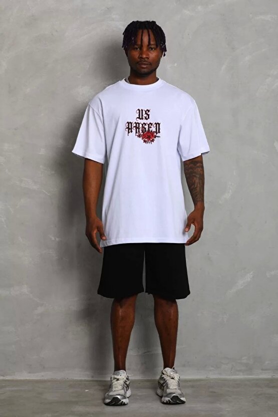 Unisex Oversize Baskılı Bisiklet Yaka T-Shirt - Beyaz