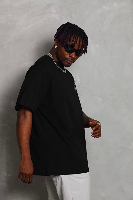 Unisex Oversize Baskılı Bisiklet Yaka T-Shirt - Siyah