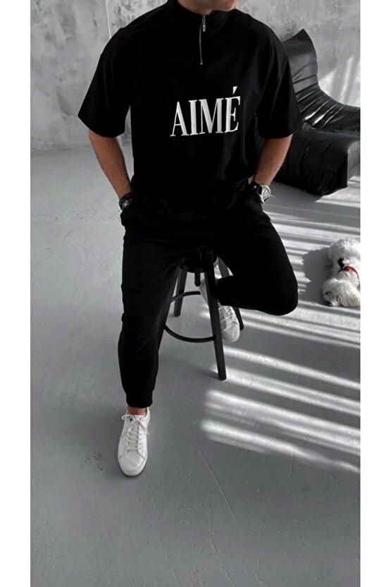 Unisex Yarım Fermuarlı Baskılı T-Shirt - Siyah