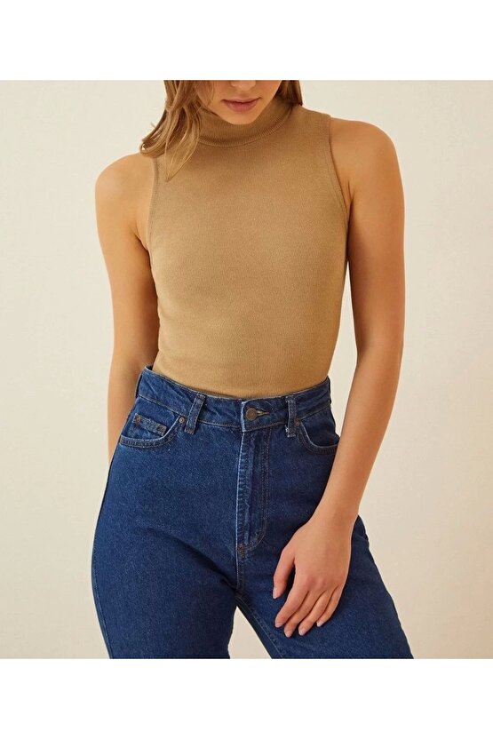 Kadın Full Likralı Fitilli Kaşkorse Yarım Boğazlı Body Fitilli Atlet