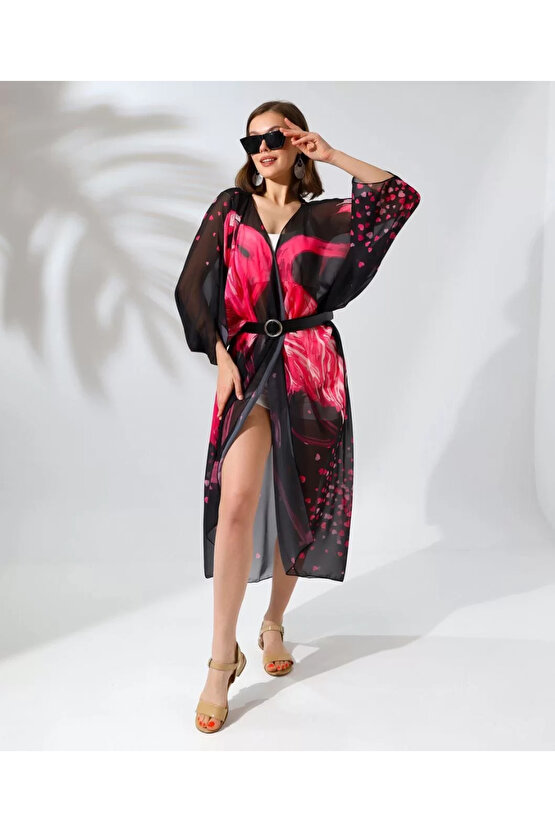 Kadın Rahat Kesim Şifon Kimono - Siyah