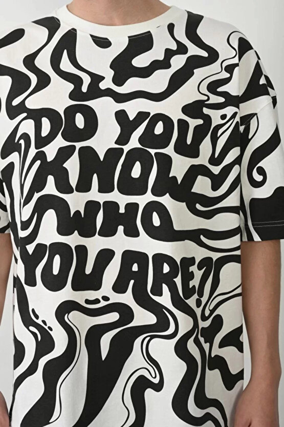 Unisex Baskılı Bisiklet Yaka Oversize T-Shirt - Beyaz